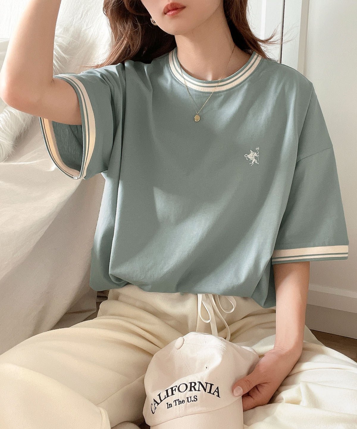 《JaVa ジャバコラボ》大人スポーティー。綿100%シルケット 配色刺繍Tシャツ jv1050074