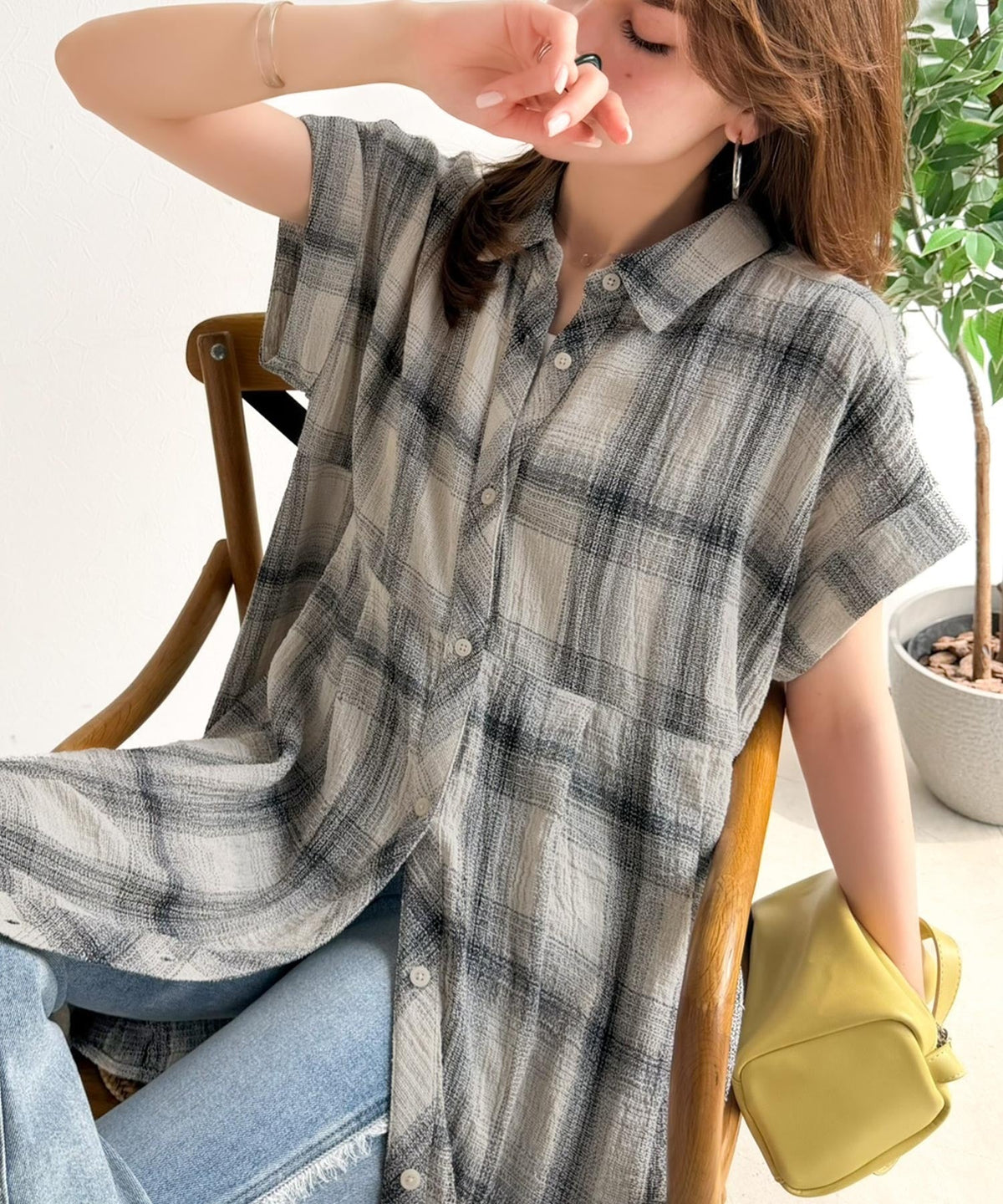 気分はリゾート♪大人可愛いチェック柄がポイント。パナマ風フレンチスリーブチェックチュニック ce1010590
