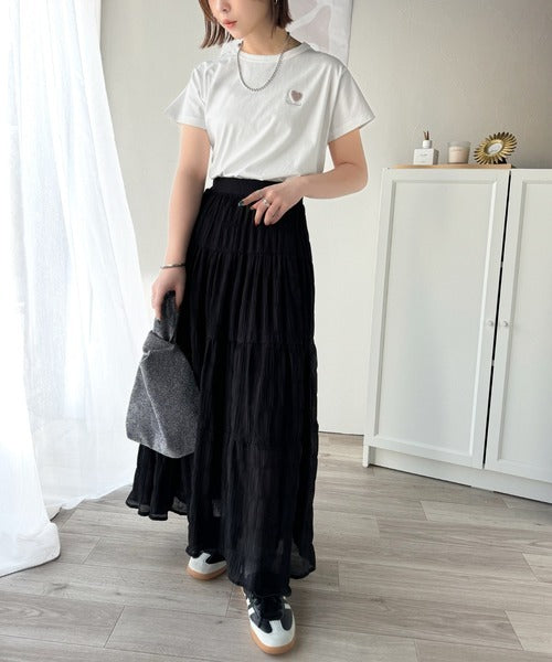 トレンドをまとう。綿100％シルケット風ハート胸サガラ刺繍Tシャツ（半袖） ce1330013