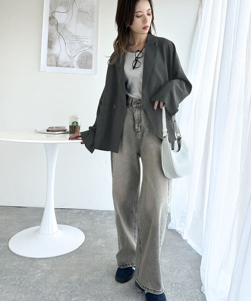 抜け感がほどよい◎麻調シアー素材ドルマンスリーブオーバーサイズダブルテーラードジャケット（長袖） ce1070147
