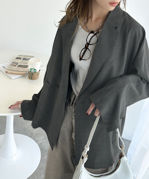抜け感がほどよい◎麻調シアー素材ドルマンスリーブオーバーサイズダブルテーラードジャケット（長袖） ce1070147