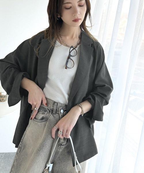 抜け感がほどよい◎麻調シアー素材ドルマンスリーブオーバーサイズダブルテーラードジャケット（長袖） ce1070147