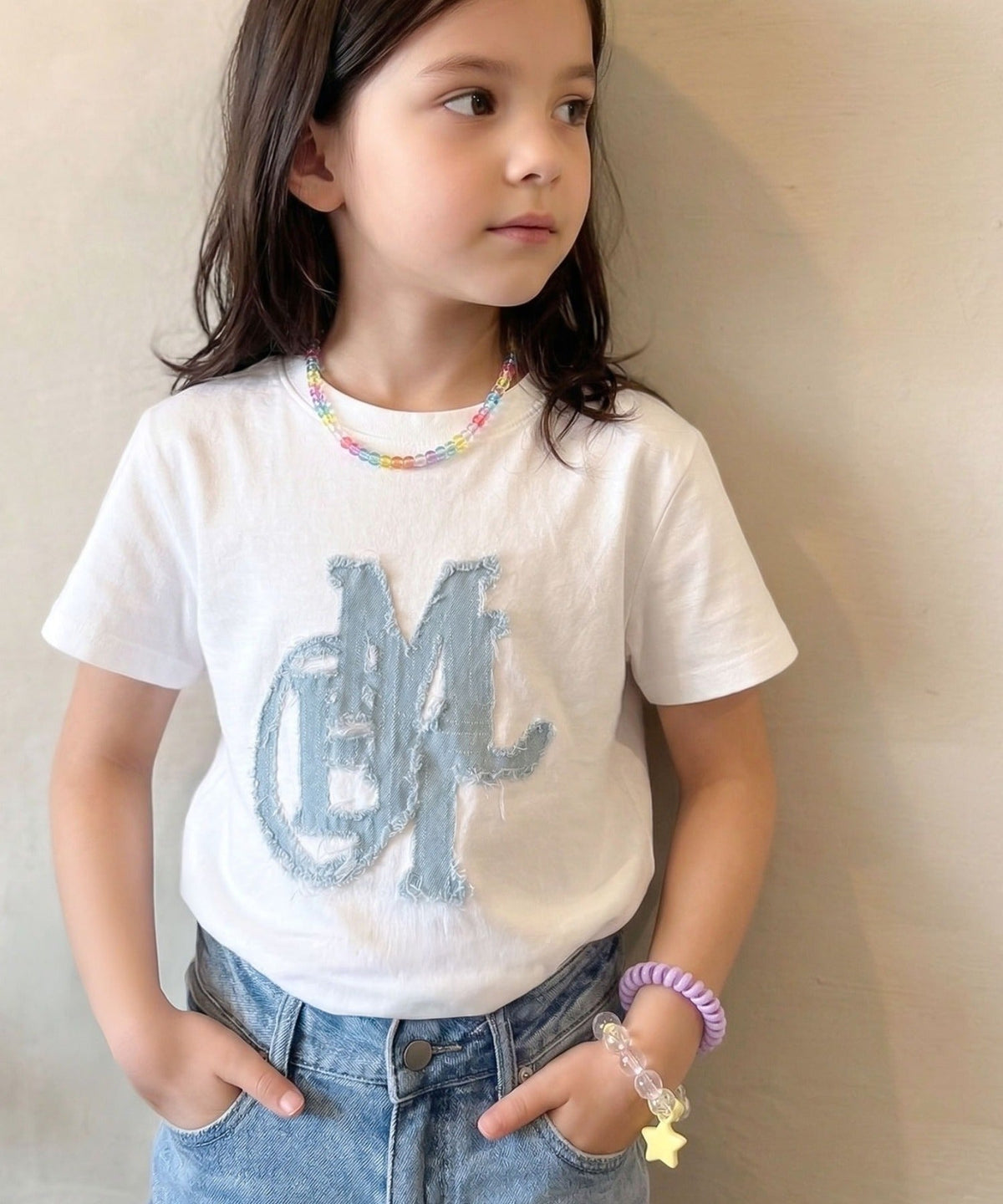 【キッズ】親子リンクコーデ可能♪毎日着せたい 綿100％デニムワッペンフリンジ使いTシャツ mk1329037
