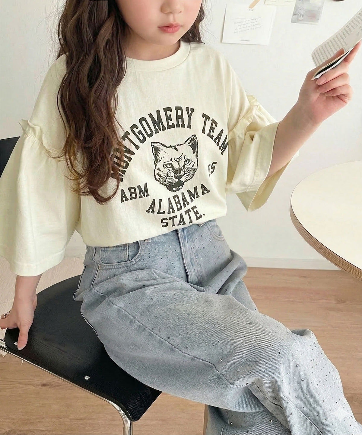 【キッズ】親子リンクコーデ可能◎綿100%カレッジピグメント袖フリルTシャツ ck1020221