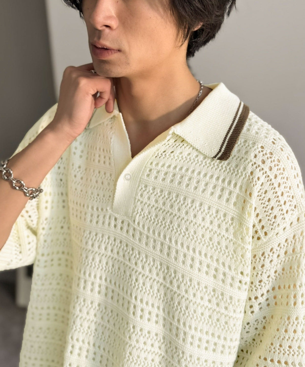 《JaVaジャバコラボ》レトロ〝っぽい〟がちょうどいい。メッシュ編地柄 スキッパー襟 ニットポロシャツ（半袖） jo1250002