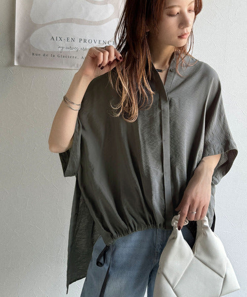 トレンド満載オーバーシルエット♪シボ感シアーサイドボタンスリット裾ドロストシャツ ce1110112
