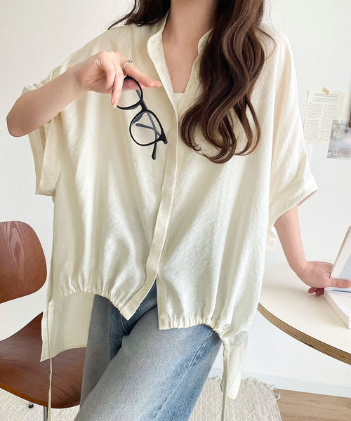 トレンド満載オーバーシルエット♪シボ感シアーサイドボタンスリット裾ドロストシャツ ce1110112
