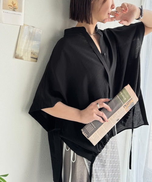 トレンド満載オーバーシルエット♪シボ感シアーサイドボタンスリット裾ドロストシャツ ce1110112