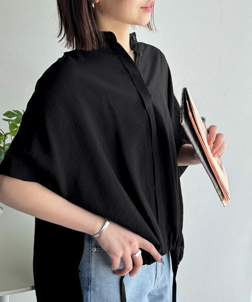 トレンド満載オーバーシルエット♪シボ感シアーサイドボタンスリット裾ドロストシャツ ce1110112