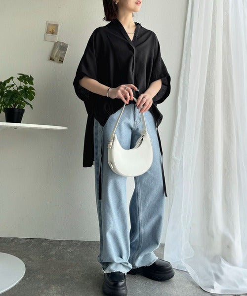 トレンド満載オーバーシルエット♪シボ感シアーサイドボタンスリット裾ドロストシャツ ce1110112