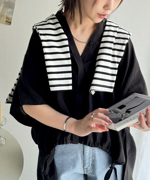トレンド満載オーバーシルエット♪シボ感シアーサイドボタンスリット裾ドロストシャツ ce1110112