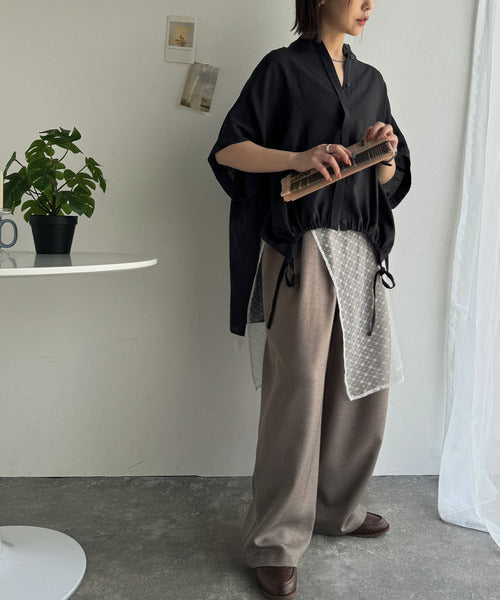 トレンド満載オーバーシルエット♪シボ感シアーサイドボタンスリット裾ドロストシャツ ce1110112