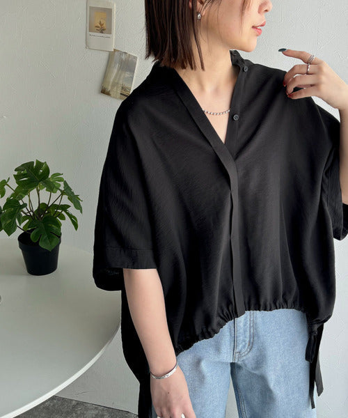 トレンド満載オーバーシルエット♪シボ感シアーサイドボタンスリット裾ドロストシャツ ce1110112