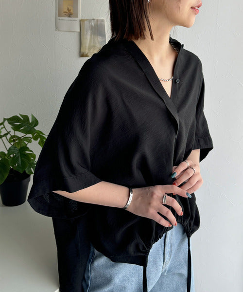 トレンド満載オーバーシルエット♪シボ感シアーサイドボタンスリット裾ドロストシャツ ce1110112