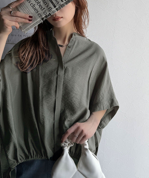 トレンド満載オーバーシルエット♪シボ感シアーサイドボタンスリット裾ドロストシャツ ce1110112