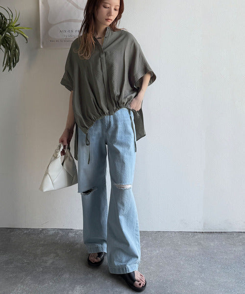 トレンド満載オーバーシルエット♪シボ感シアーサイドボタンスリット裾ドロストシャツ ce1110112