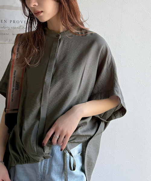 トレンド満載オーバーシルエット♪シボ感シアーサイドボタンスリット裾ドロストシャツ ce1110112