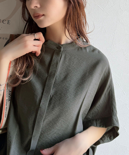 トレンド満載オーバーシルエット♪シボ感シアーサイドボタンスリット裾ドロストシャツ ce1110112