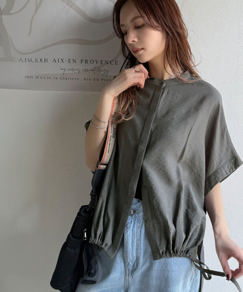 トレンド満載オーバーシルエット♪シボ感シアーサイドボタンスリット裾ドロストシャツ ce1110112