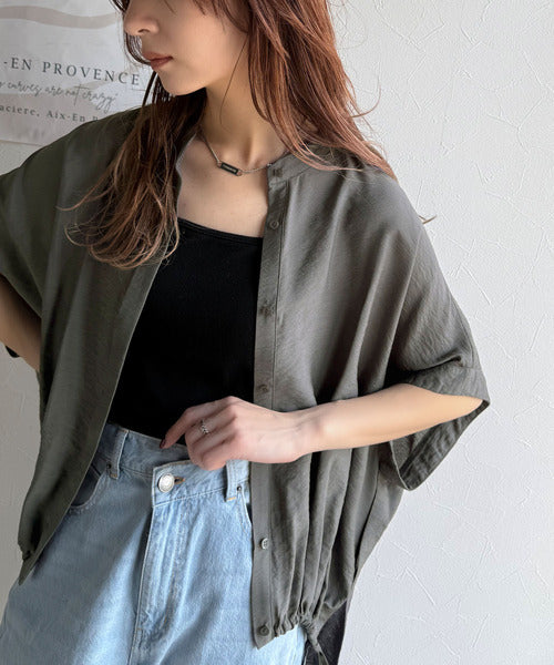 トレンド満載オーバーシルエット♪シボ感シアーサイドボタンスリット裾ドロストシャツ ce1110112