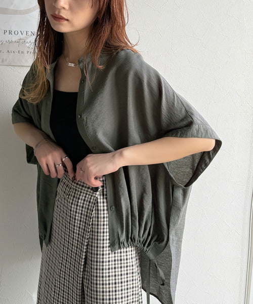 トレンド満載オーバーシルエット♪シボ感シアーサイドボタンスリット裾ドロストシャツ ce1110112
