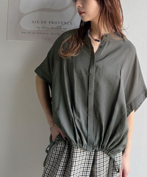 トレンド満載オーバーシルエット♪シボ感シアーサイドボタンスリット裾ドロストシャツ ce1110112