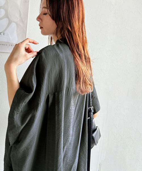 トレンド満載オーバーシルエット♪シボ感シアーサイドボタンスリット裾ドロストシャツ ce1110112