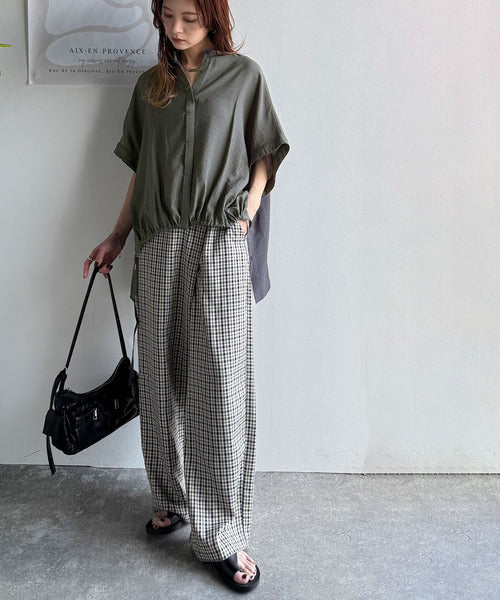 トレンド満載オーバーシルエット♪シボ感シアーサイドボタンスリット裾ドロストシャツ ce1110112