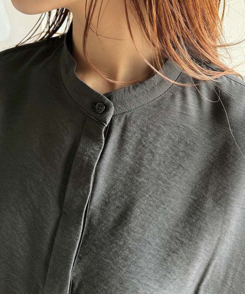 トレンド満載オーバーシルエット♪シボ感シアーサイドボタンスリット裾ドロストシャツ ce1110112