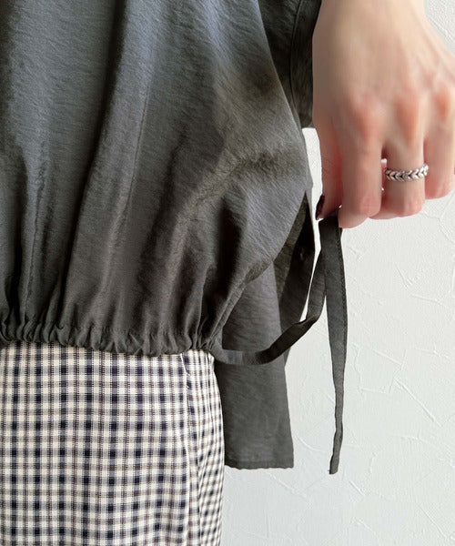 トレンド満載オーバーシルエット♪シボ感シアーサイドボタンスリット裾ドロストシャツ ce1110112