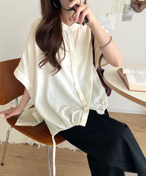 トレンド満載オーバーシルエット♪シボ感シアーサイドボタンスリット裾ドロストシャツ ce1110112