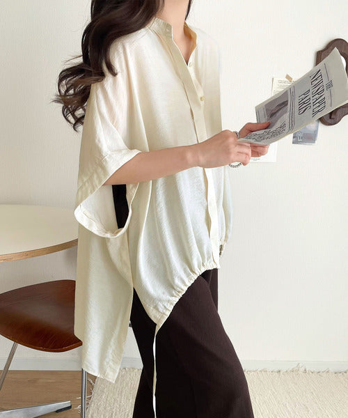 トレンド満載オーバーシルエット♪シボ感シアーサイドボタンスリット裾ドロストシャツ ce1110112