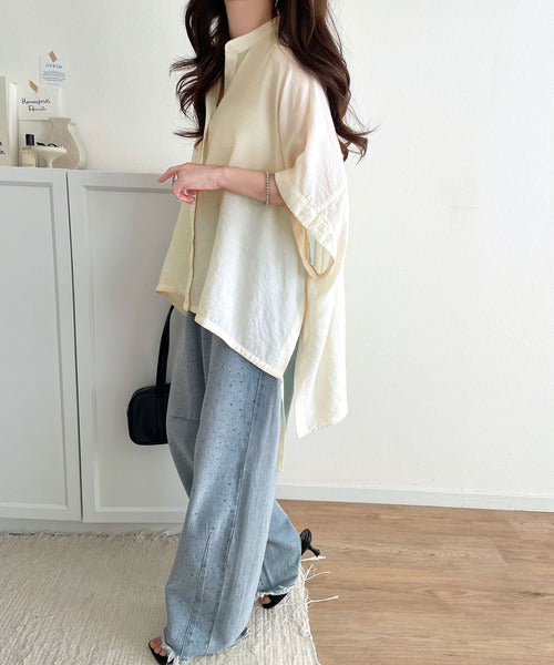トレンド満載オーバーシルエット♪シボ感シアーサイドボタンスリット裾ドロストシャツ ce1110112