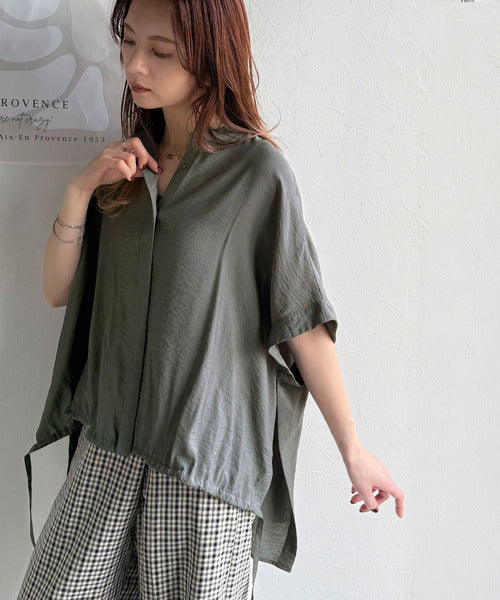 トレンド満載オーバーシルエット♪シボ感シアーサイドボタンスリット裾ドロストシャツ ce1110112