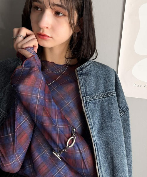 大人レトロでスタイリッシュ。オンブレチェックシアーボートネックメロウトップス（長袖） ce1010419