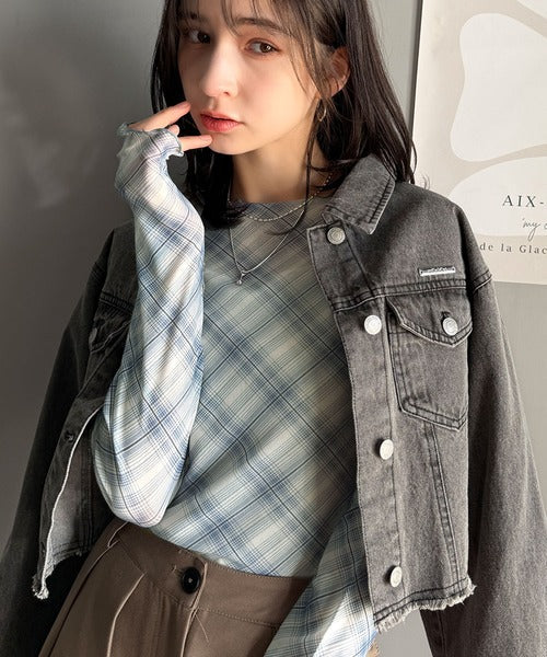 大人レトロでスタイリッシュ。オンブレチェックシアーボートネックメロウトップス（長袖） ce1010419