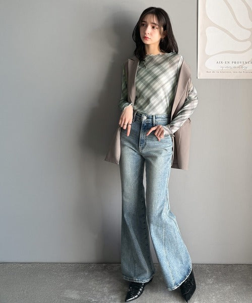 大人レトロでスタイリッシュ。オンブレチェックシアーボートネックメロウトップス（長袖） ce1010419