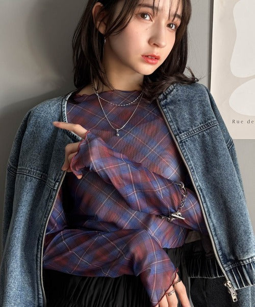 大人レトロでスタイリッシュ。オンブレチェックシアーボートネックメロウトップス（長袖） ce1010419