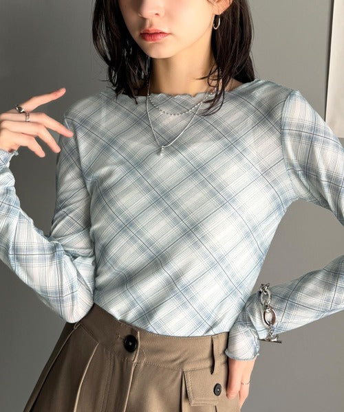 大人レトロでスタイリッシュ。オンブレチェックシアーボートネックメロウトップス（長袖） ce1010419