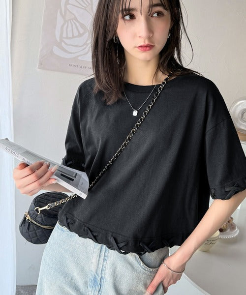 華やかさとこなれ感を両立！レースアップデザインクロップドＴシャツ(半袖) ce1010407
