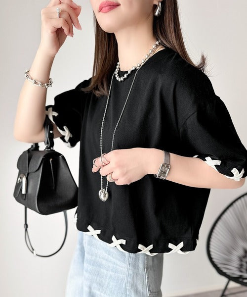 華やかさとこなれ感を両立！レースアップデザインクロップドＴシャツ(半袖) ce1010407