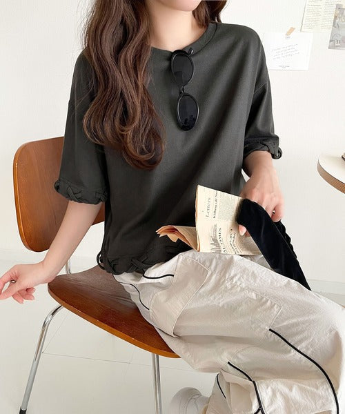 華やかさとこなれ感を両立！レースアップデザインクロップドＴシャツ(半袖) ce1010407