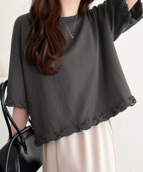 華やかさとこなれ感を両立！レースアップデザインクロップドＴシャツ(半袖) ce1010407