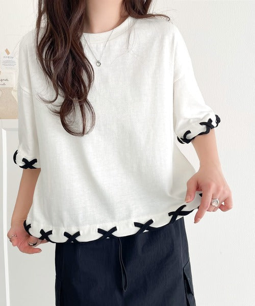 華やかさとこなれ感を両立！レースアップデザインクロップドＴシャツ(半袖) ce1010407