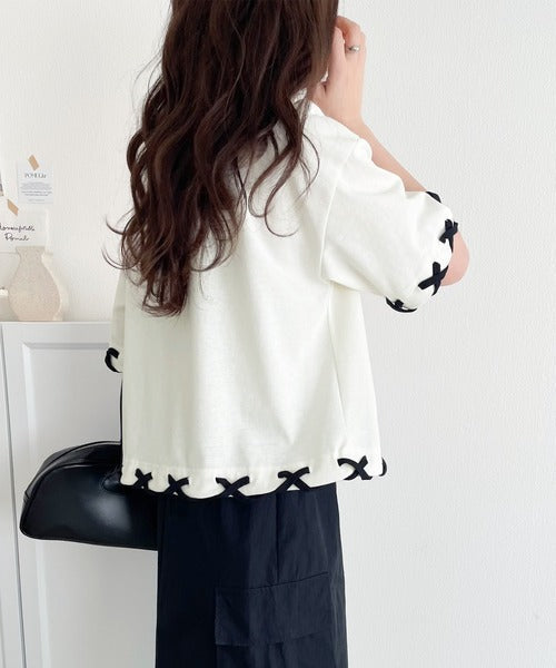 華やかさとこなれ感を両立！レースアップデザインクロップドＴシャツ(半袖) ce1010407