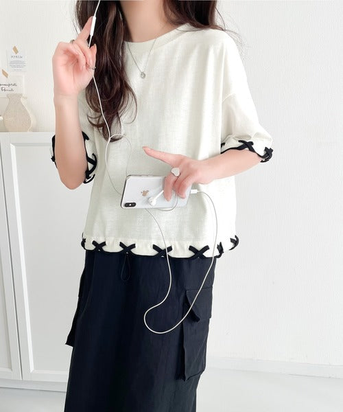 華やかさとこなれ感を両立！レースアップデザインクロップドＴシャツ(半袖) ce1010407