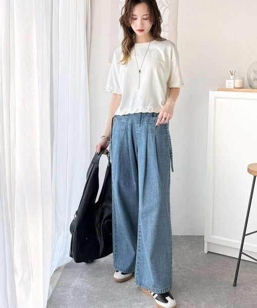 華やかさとこなれ感を両立！レースアップデザインクロップドＴシャツ(半袖) ce1010407