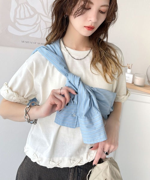 華やかさとこなれ感を両立！レースアップデザインクロップドＴシャツ(半袖) ce1010407