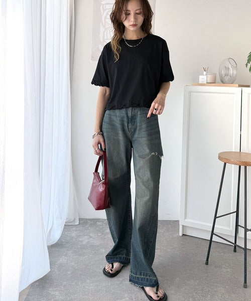 華やかさとこなれ感を両立！レースアップデザインクロップドＴシャツ(半袖) ce1010407
