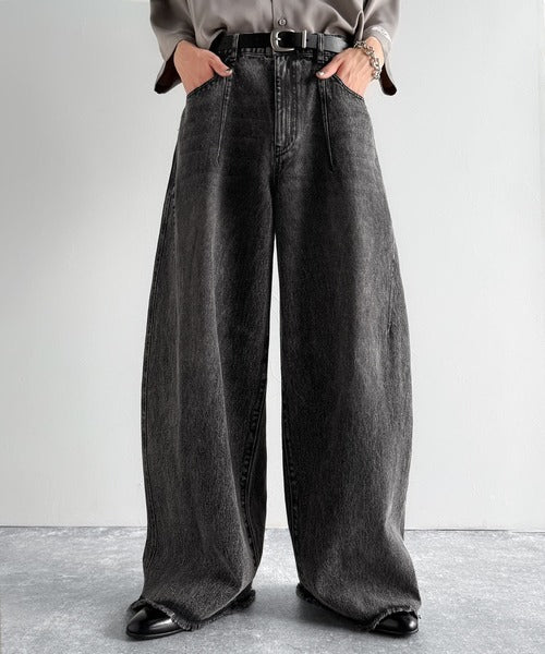 Vintage Washed 3D Curve Wide-Leg Denim／綿100％ヴィンテージウォッシュ 3Dカーブ ワイドレッグデニム co1150003